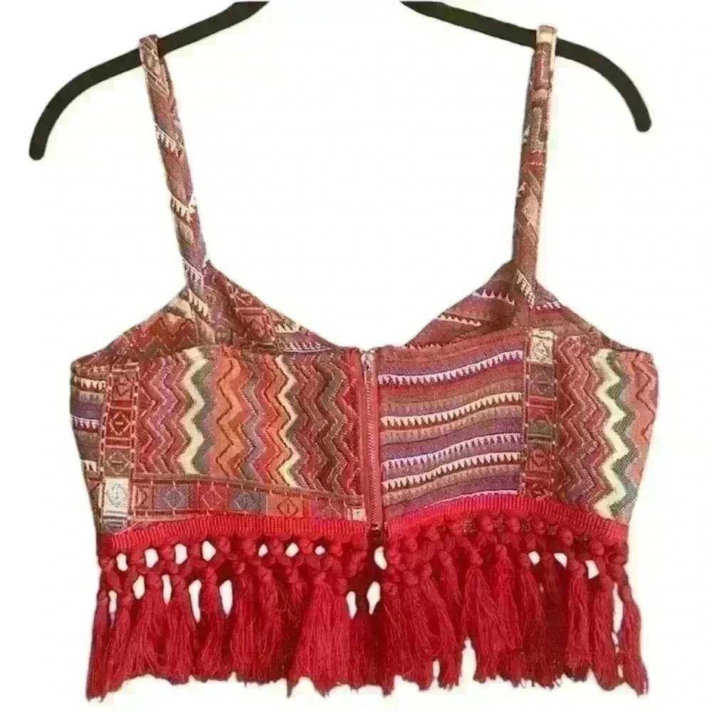 Aztec Cider Tank top w knotted fringe base zip back M red base BOHO - Picture 4 of 7
